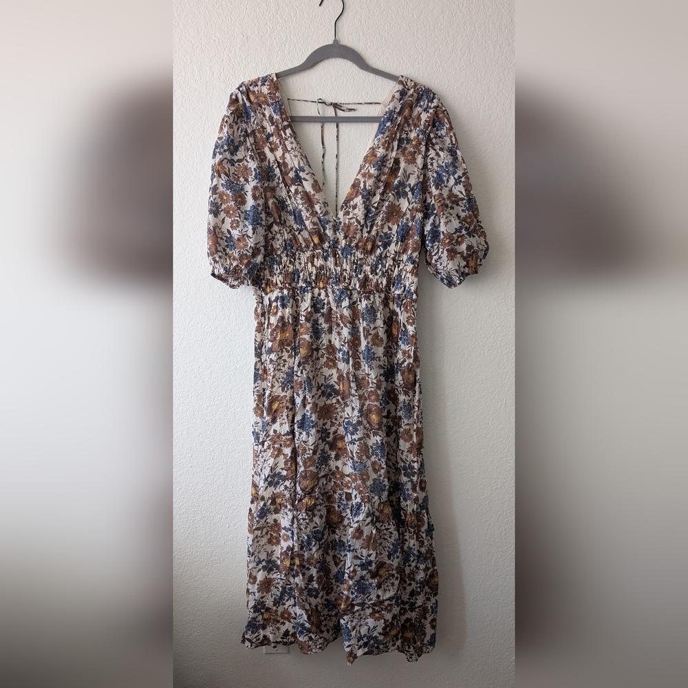 Abercrombie & Fitch Floral Midi Dress in White, Blue, Brown